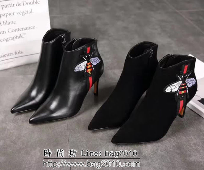 GUCCI古馳 牛皮+羊絨 黑色 女士尖頭短靴 QZS1372